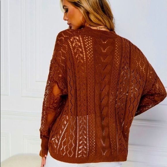 NWT! CONTRAST LACE POINTELLE KNIT DROP SHOULDER SWEATER IN RUST! - Picture 4 of 12